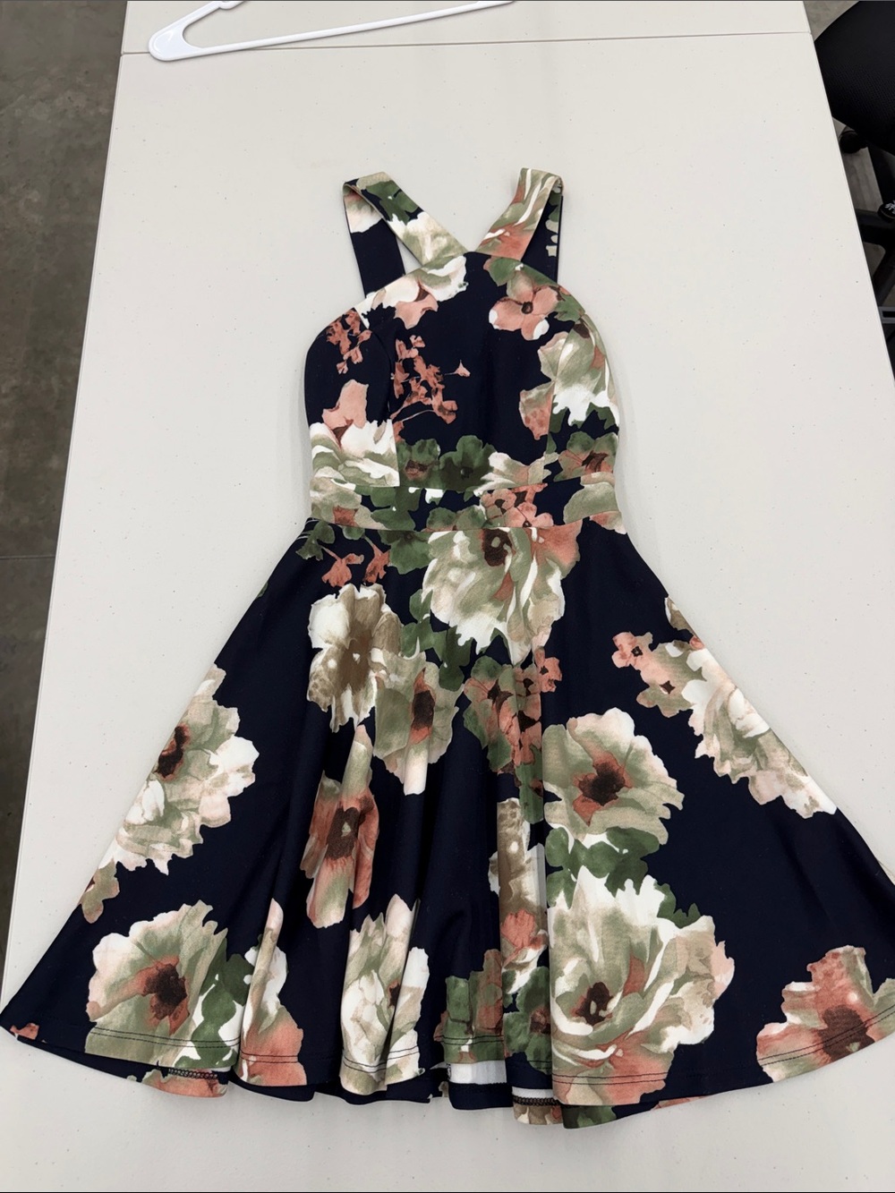 Trac Navy Floral Fit & Flare Dress with Green and Blush Blooms